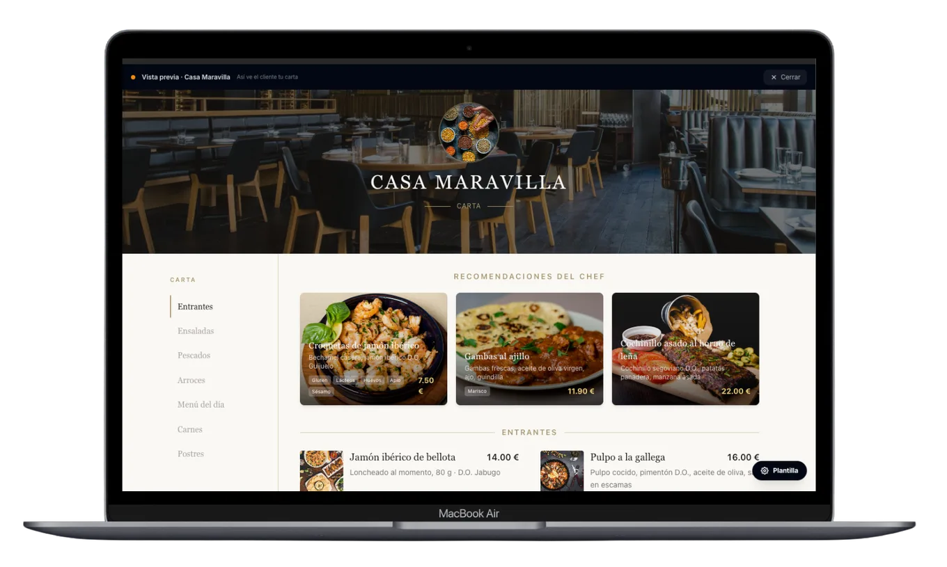 Plataforma de gestión de carta digital y reservas en vista de escritorio