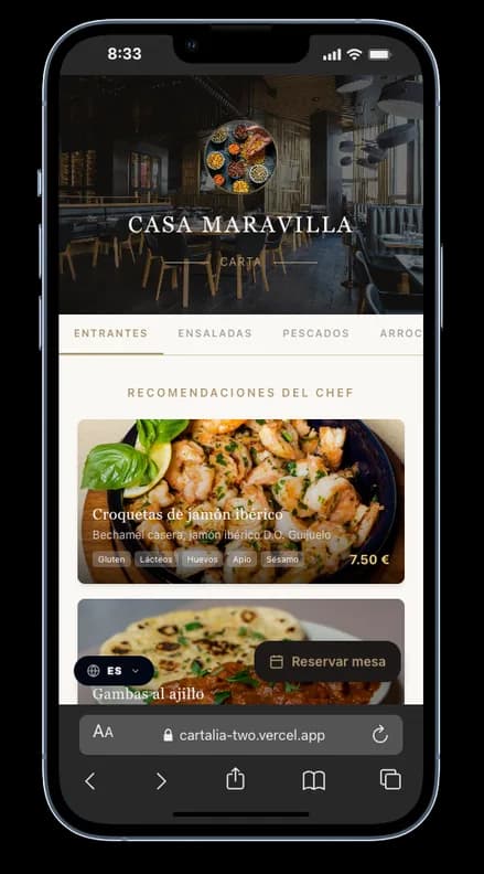 Interfaz móvil responsiva de la carta digital con QR