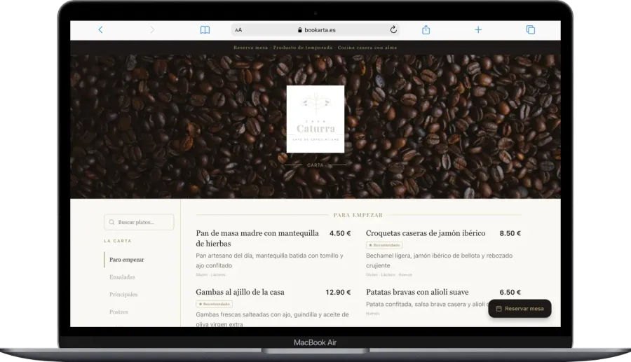 Carta online Casa Caturra en portátil — bookarta.es