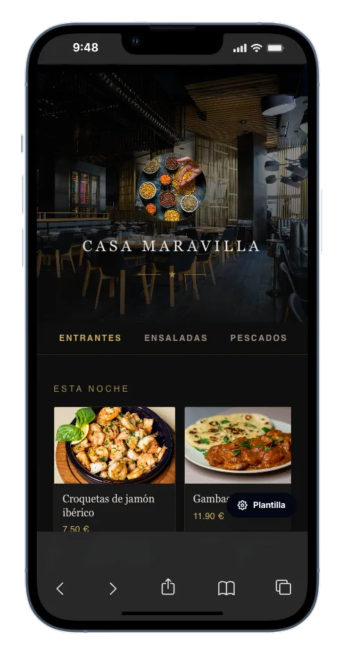 Carta digital con QR accesible desde teléfono móvil